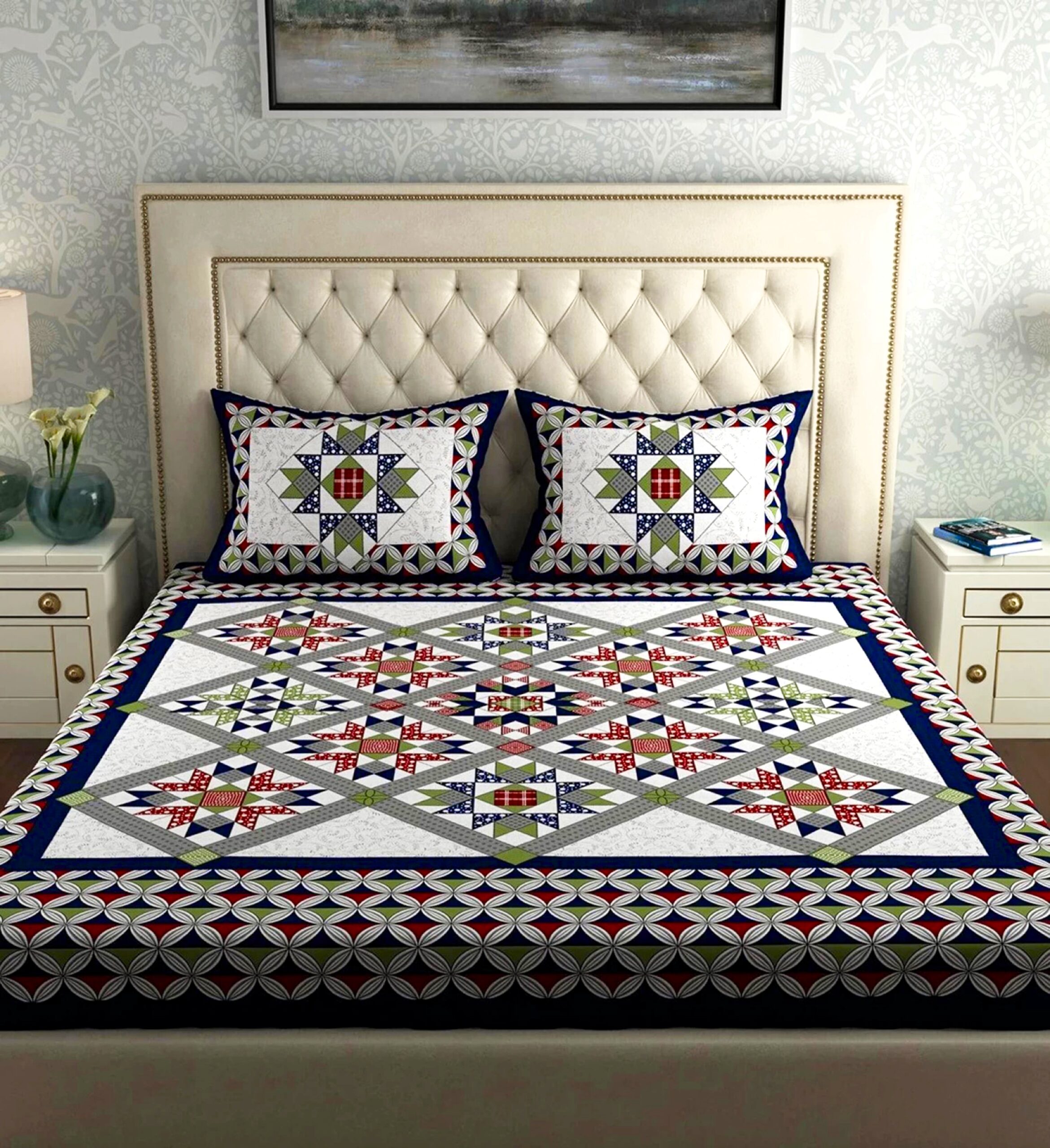 Rajasthani Jaipuri Traditional Sanganeri NewChokda Print 100% Cotton Double Size Bedsheet with Two Pillow Covers (Blue) (MD1027-BST DBL NewChokda_Blue) - Image 2