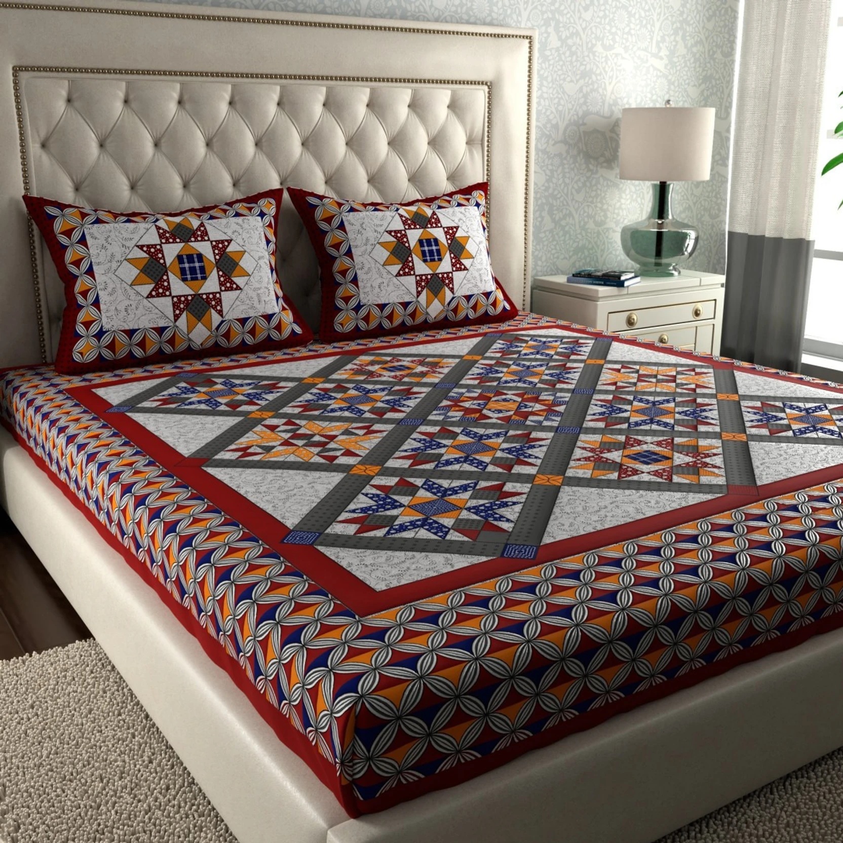 Rajasthani Jaipuri Traditional Sanganeri NewChokda Print 100% Cotton Double Size Bedsheet with Two Pillow Covers (Red) (MD1027-BST DBL NewChokda_Red)