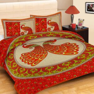 Rajasthani Jaipuri Traditional Sanganeri TedaMorr Print 100% Cotton Double Size Bedsheet with Two Pillow Covers (Orange) (MD1029-BST DBL TedaMorr_Orange)