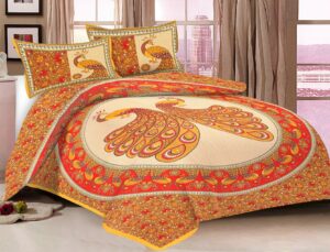 Rajasthani Jaipuri Traditional Sanganeri TedaMorr Print 100% Cotton Double Size Bedsheet with Two Pillow Covers (Yellow) (MD1029-BST DBL TedaMorr_Yellow)
