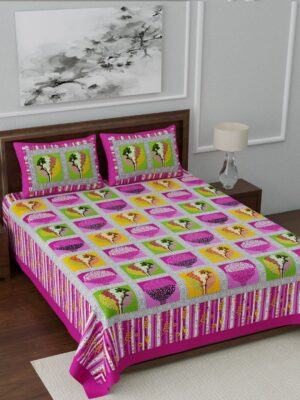 Rajasthani Jaipuri Traditional Sanganeri TreeBox Print 100% Cotton Double Size Bedsheet with Two Pillow Covers (Pink) (MD1030-BST DBL TreeBox_Pink)