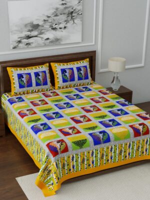 Rajasthani Jaipuri Traditional Sanganeri TreeBox Print 100% Cotton Double Size Bedsheet with Two Pillow Covers (Yellow) (MD1030-BST DBL TreeBox_Yellow)