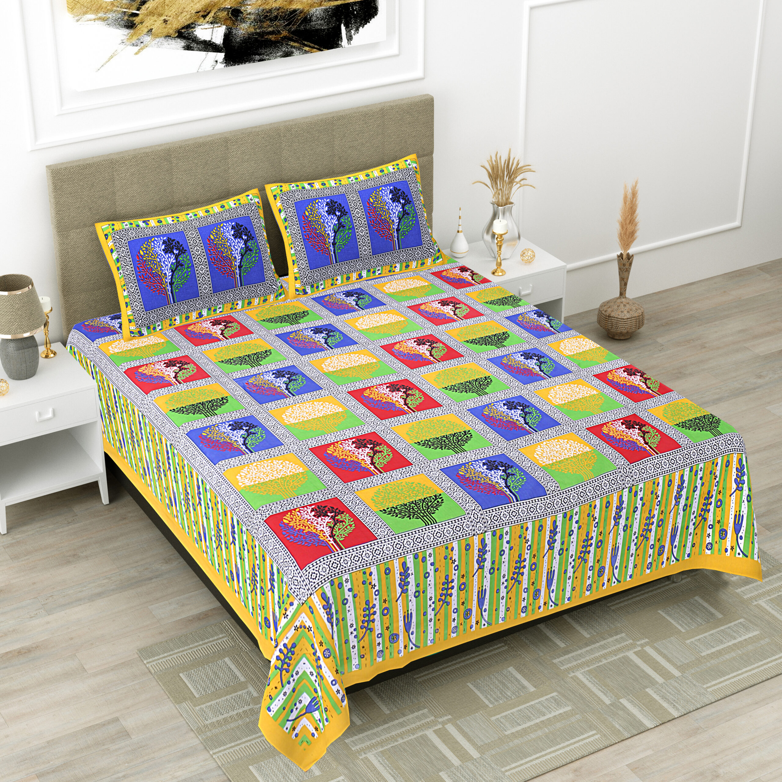 Rajasthani Jaipuri Traditional Sanganeri TreeBox Print 100% Cotton Double Size Bedsheet with Two Pillow Covers (Yellow) (MD1030-BST DBL TreeBox_Yellow) - Image 4